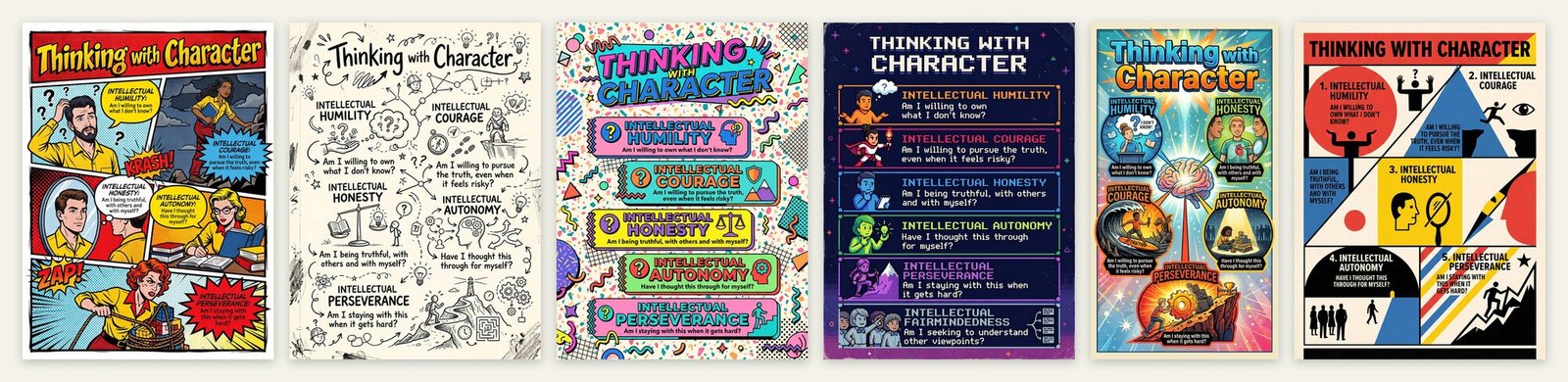 Six styles of the Thinking with Character classroom poster
